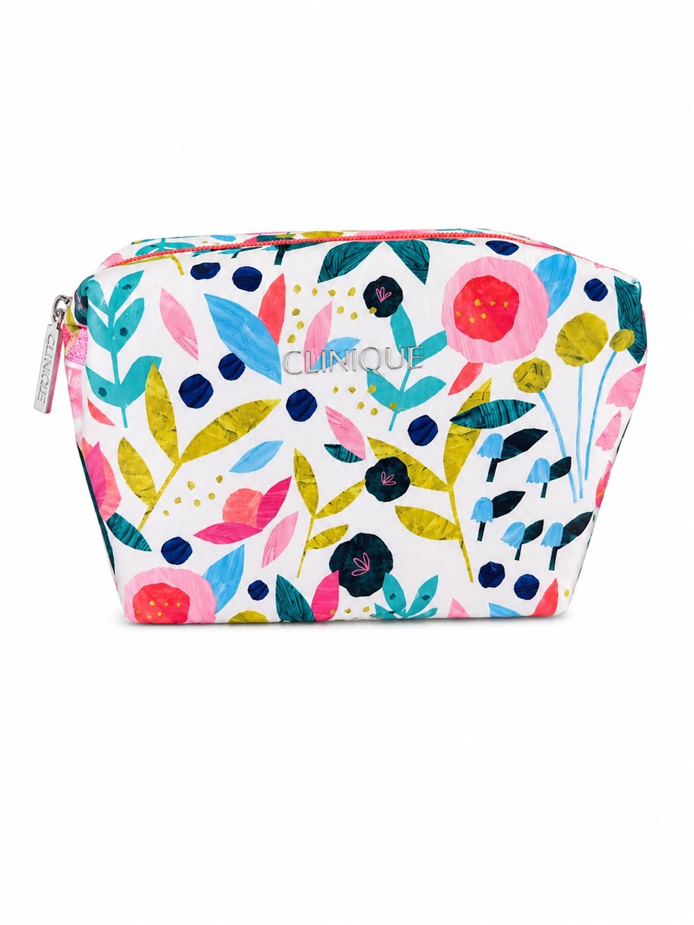 Clinique Floral Cosmetic Bag In White With Pink & Blue